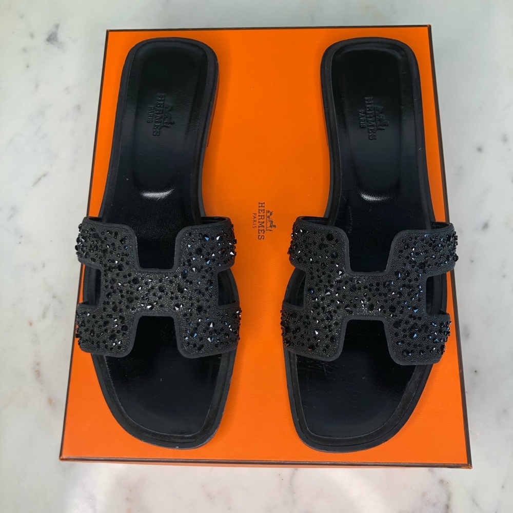 Hermes Oran Black Crystal Sandals